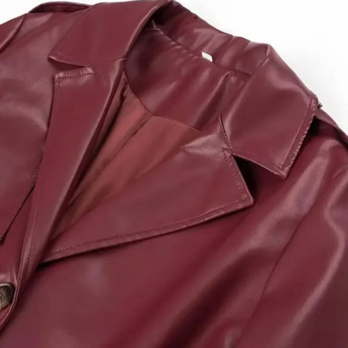 Belted Single-Breasted Faux Leather Burgundy Coat