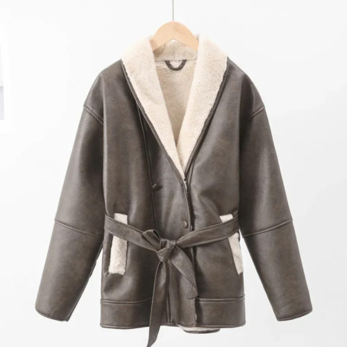 Belted Shearling Oversize Jacket brown