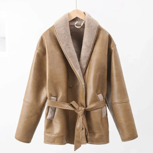 Belted Shearling Oversize Jacket beige