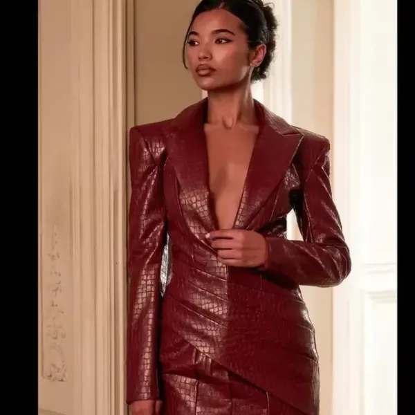 Burgundy Crocodile-Texture Faux Leather Mini Dress with Asymmetric Skirt
