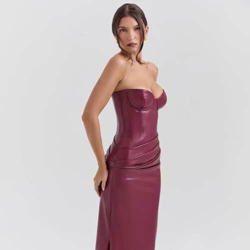 Faux Leather Strapless Dress with Corset Detailing