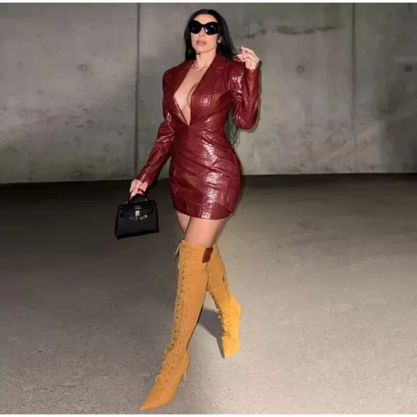 Crocodile-Texture Faux Leather Dress