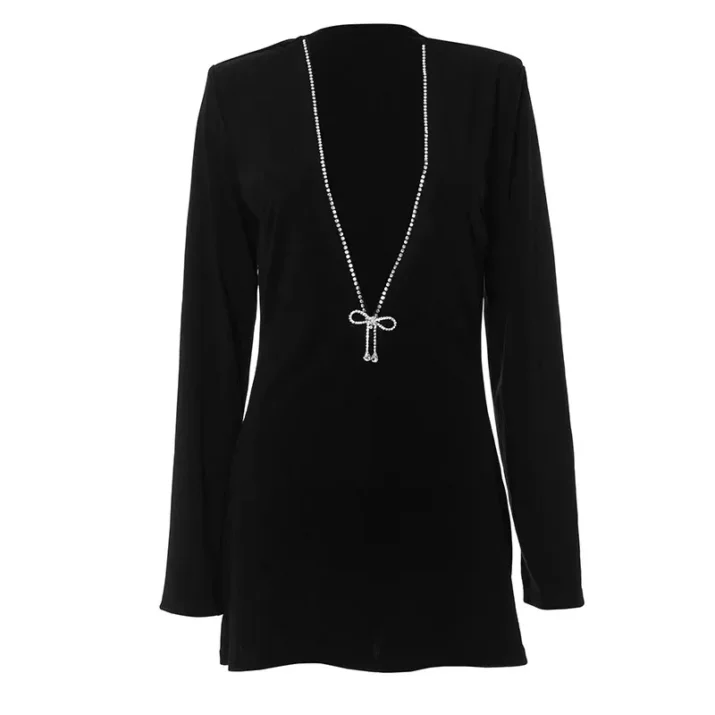 Diamond Bow Embellished Black Mini Dress