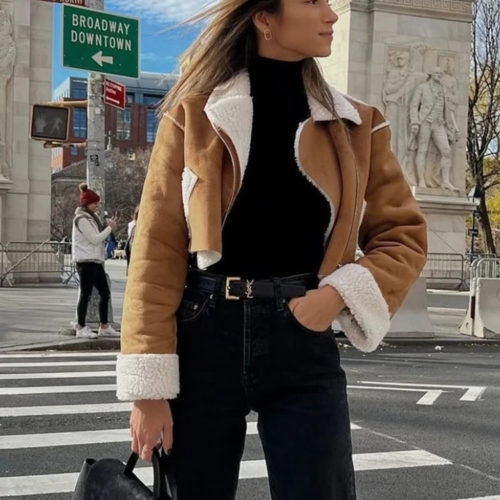 Cropped Faux Leather Aviator Jacket