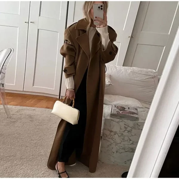 Camel Wool Trench Coat with Oversized Silhouette for women - Beniz Kloset