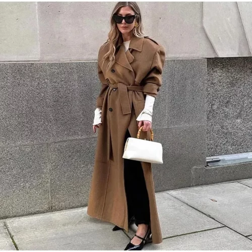 Camel Wool Trench Coat with Oversized Silhouette for women - Beniz Kloset