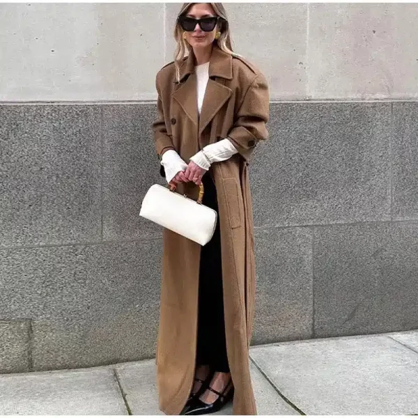 Camel Wool Trench Coat with Oversized Silhouette for women - Beniz Kloset