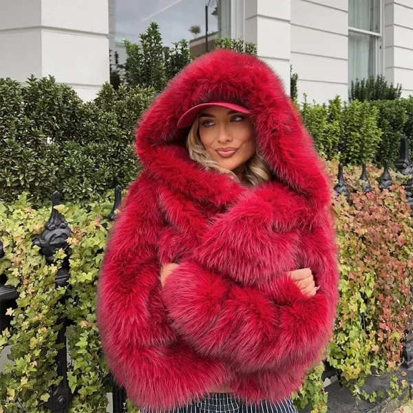 Red Faux Fur Oversized Jacket for women - Beniz Kloset