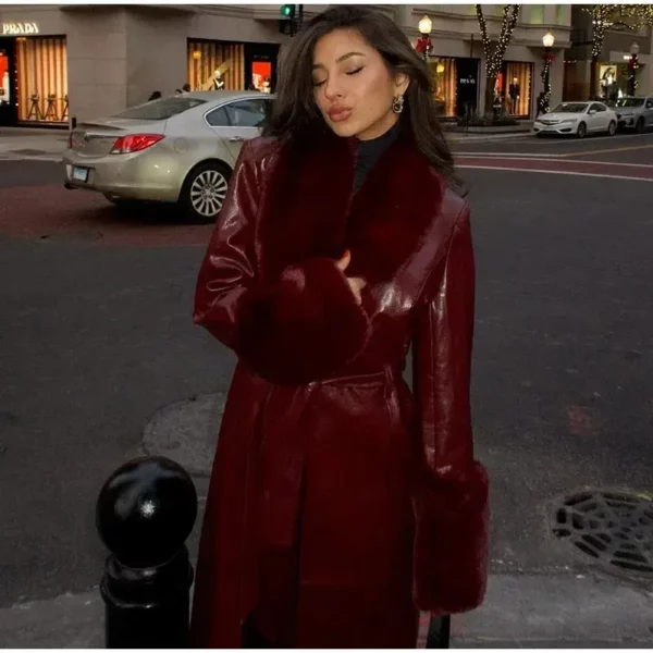 Burgundy Vinyle Fur-Trim Coat