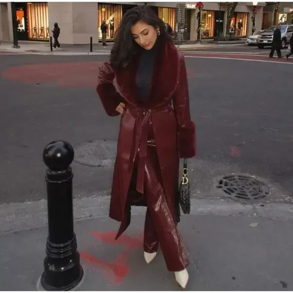 Burgundy Vinyle Fur-Trim Coat