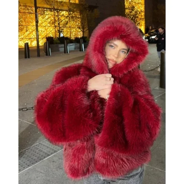 Red Faux Fur Oversized Jacket