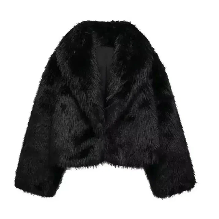 Black Cropped Faux Fur Jacket - Beniz Kloset