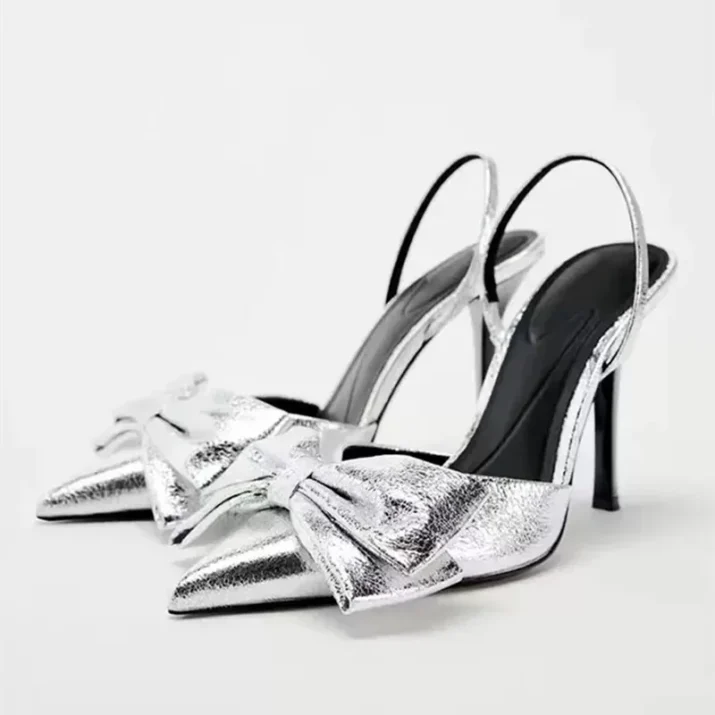 Silver gray pointed-toe stiletto statement bow
