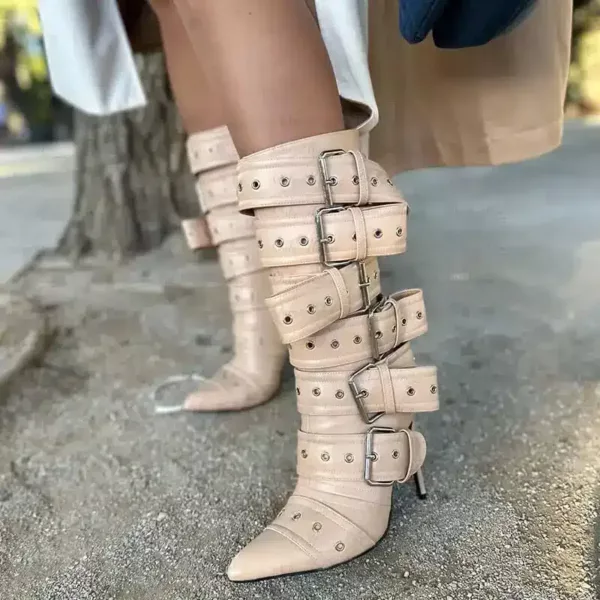 Buckled Stiletto Boots in nude for women - Beniz Kloset