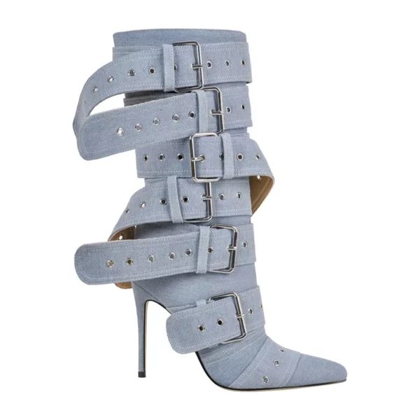 Buckled Stiletto Boots in denim for women - Beniz Kloset