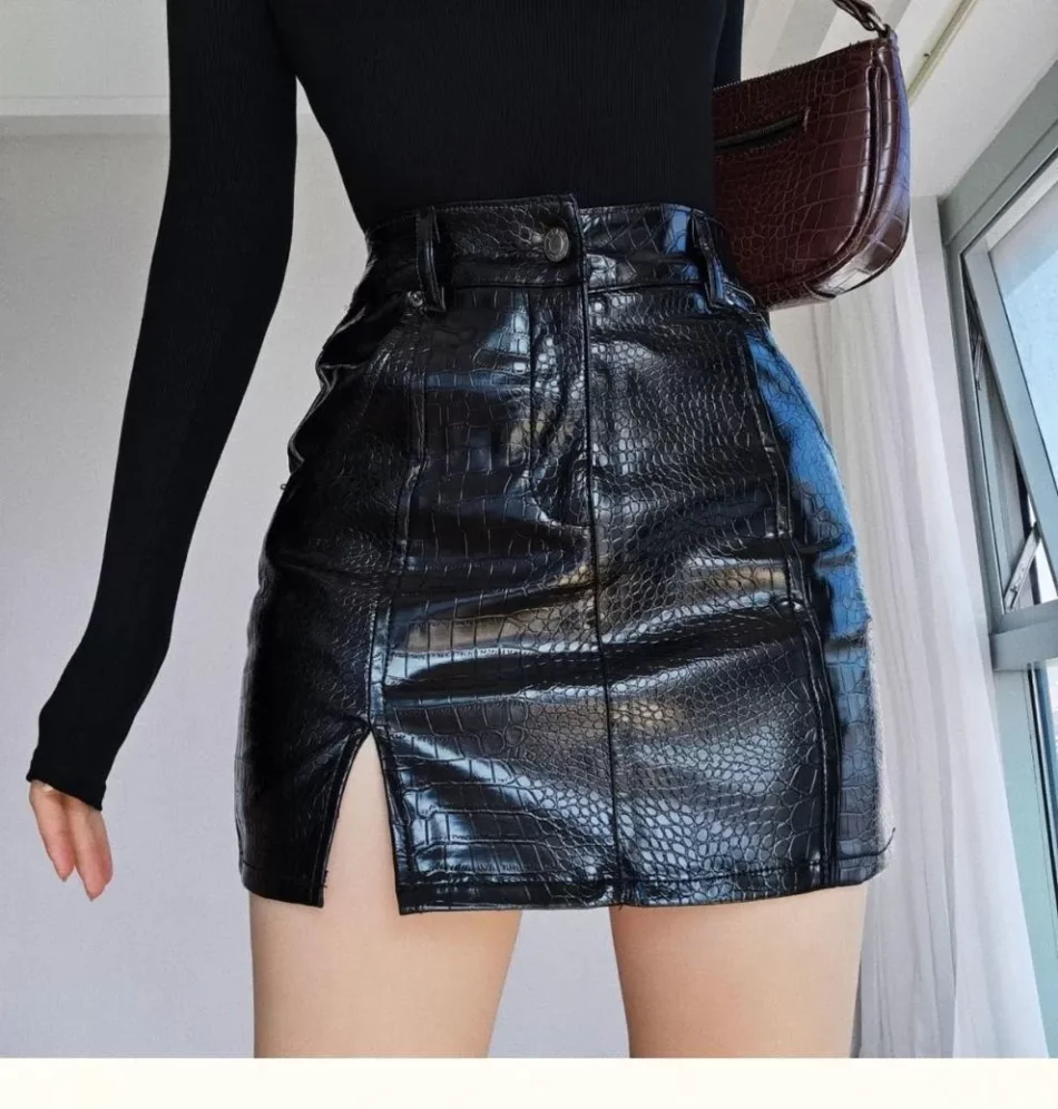 Croc Faux Leather Mini Skirt- Beniz Kloset- Shop women clothing online