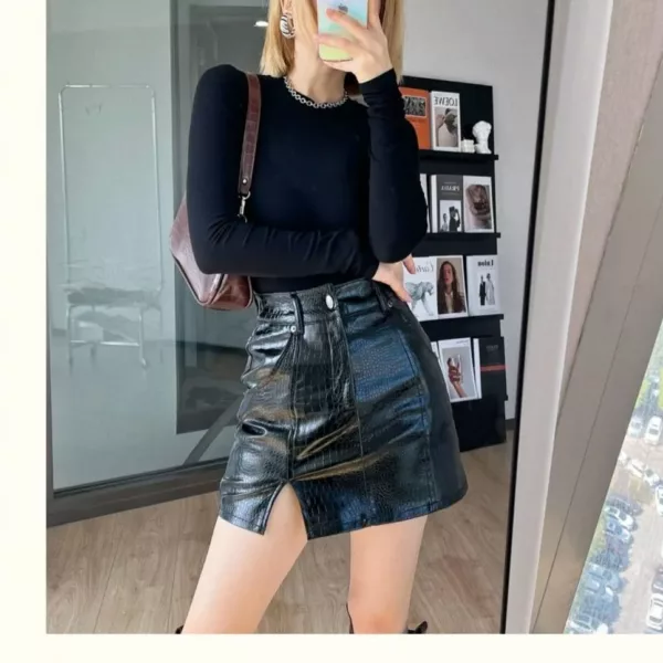 Croc Faux Leather Mini Skirt- Beniz Kloset- Shop women clothing online