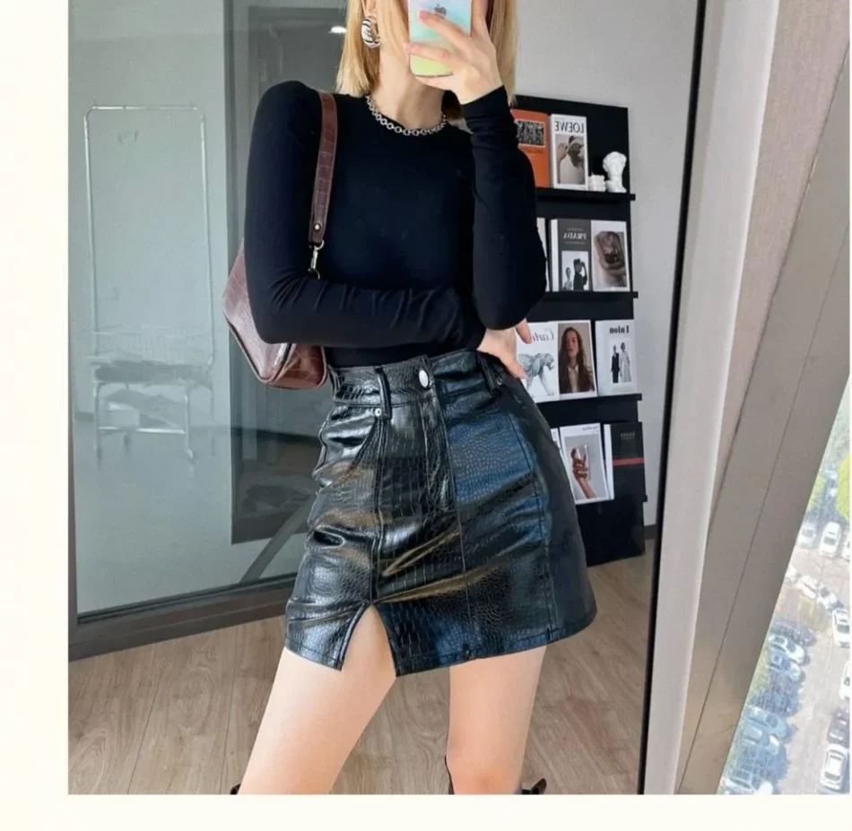 Croc Faux Leather Mini Skirt- Beniz Kloset- Shop women clothing online