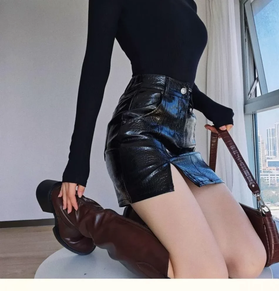 Croc Faux Leather Mini Skirt- Beniz Kloset- Shop women clothing online