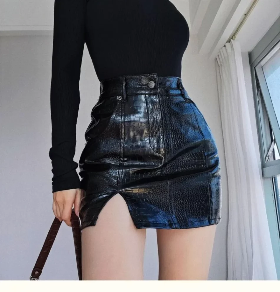 Croc Faux Leather Mini Skirt- Beniz Kloset- Shop women clothing online