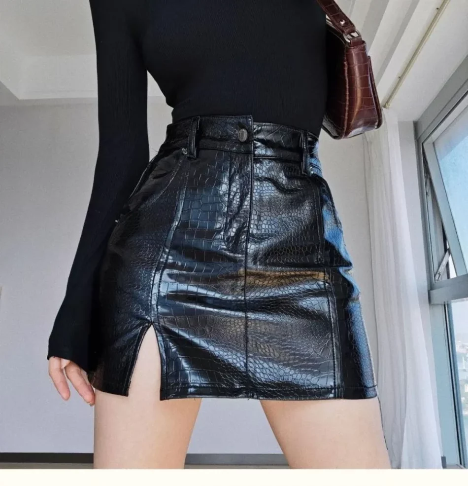 Croc Faux Leather Mini Skirt- Beniz Kloset- Shop women clothing online