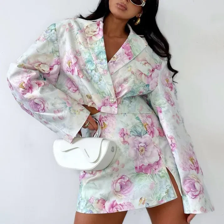 Pastel Floral Blazer Skort Set - Beniz Kloset- Shop women clothing online