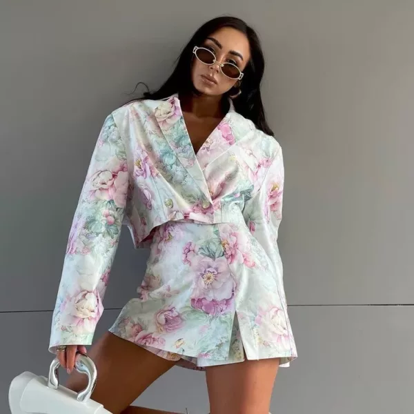 Pastel Floral Blazer Skort Set - Beniz Kloset- Shop women clothing online