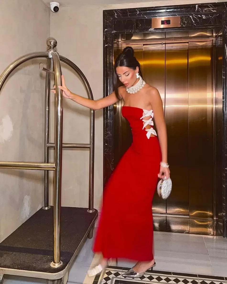strapless side-bow bandage dress in red