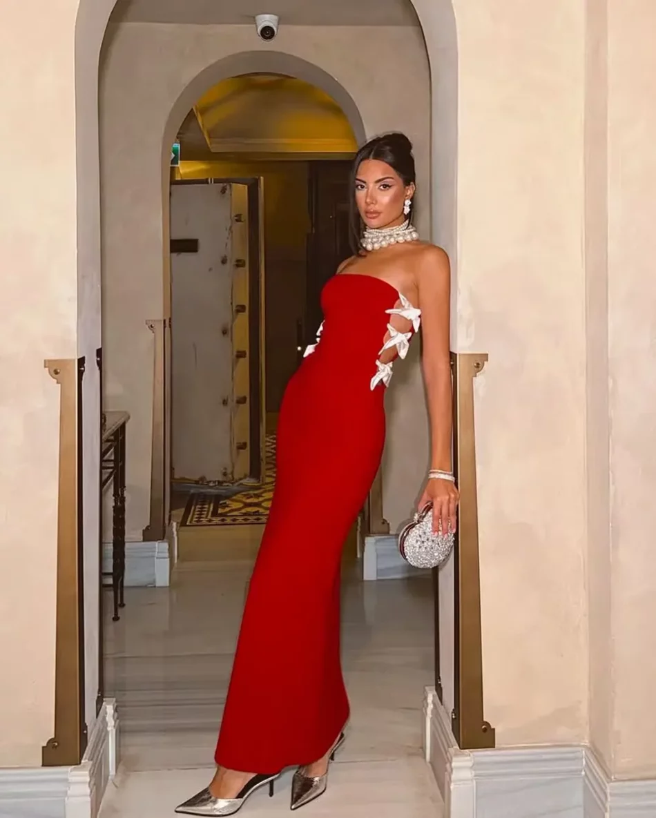 strapless side-bow bandage dress in red