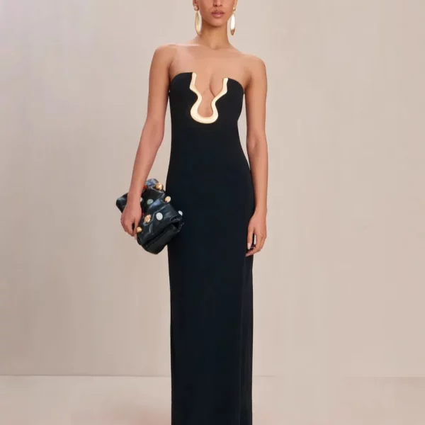 Strapless Plunge Black Gown