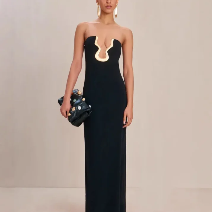 Strapless Plunge Black Gown