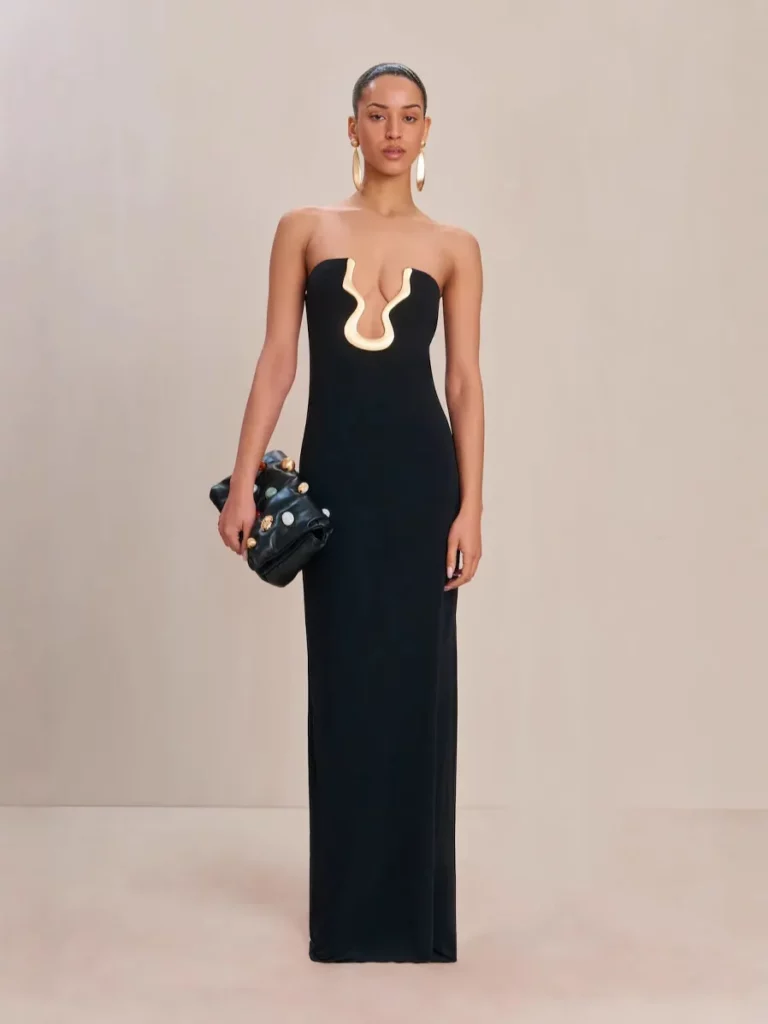 Strapless Plunge Black Gown