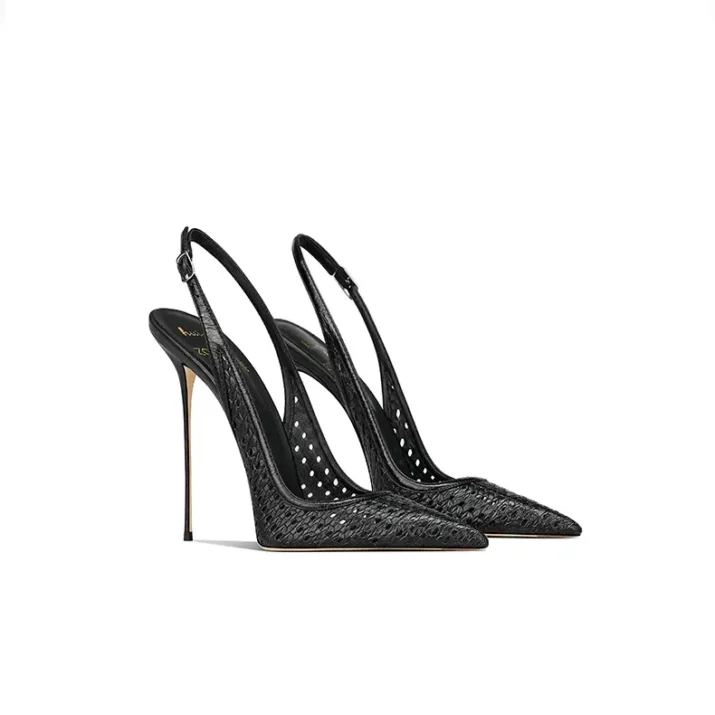 Black Fishnet Slingback Stiletto Heels