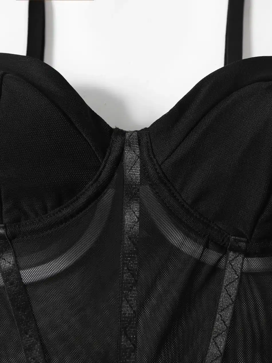 Black Corset Mesh Sheer Bodysuit - Beniz Kloset Online Shop Women Clothing
