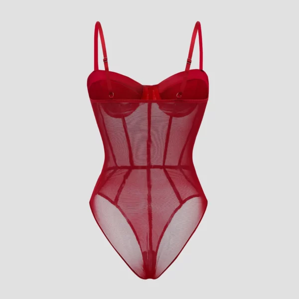 Burgundy Corset Mesh Sheer Bodysuit - Beniz Kloset Online Shop Women Clothing