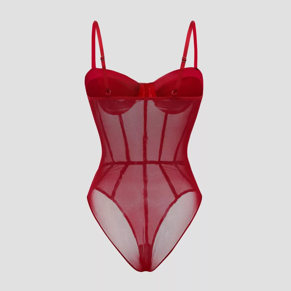 Burgundy Corset Mesh Sheer Bodysuit - Beniz Kloset Online Shop Women Clothing