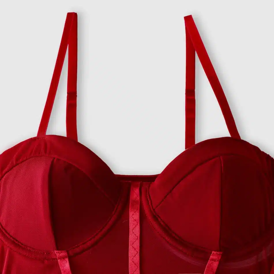 Burgundy Corset Mesh Sheer Bodysuit - Beniz Kloset Online Shop Women Clothing
