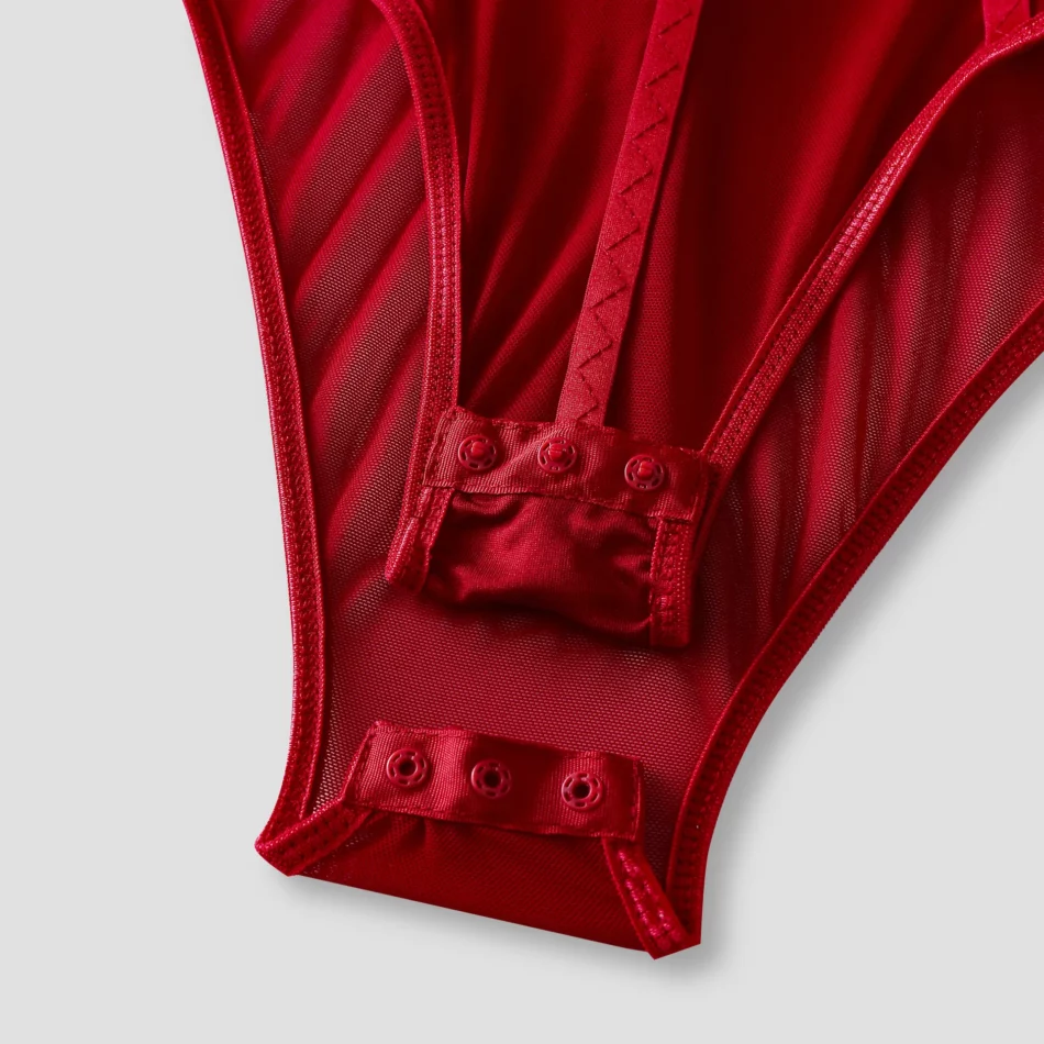 Burgundy Corset Mesh Sheer Bodysuit - Beniz Kloset Online Shop Women Clothing