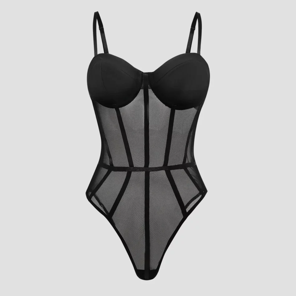 Black Corset Mesh Sheer Bodysuit - Beniz Kloset Online Shop Women Clothing