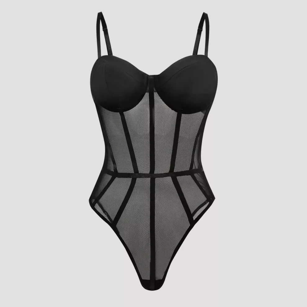 Black Corset Mesh Sheer Bodysuit - Beniz Kloset Online Shop Women Clothing