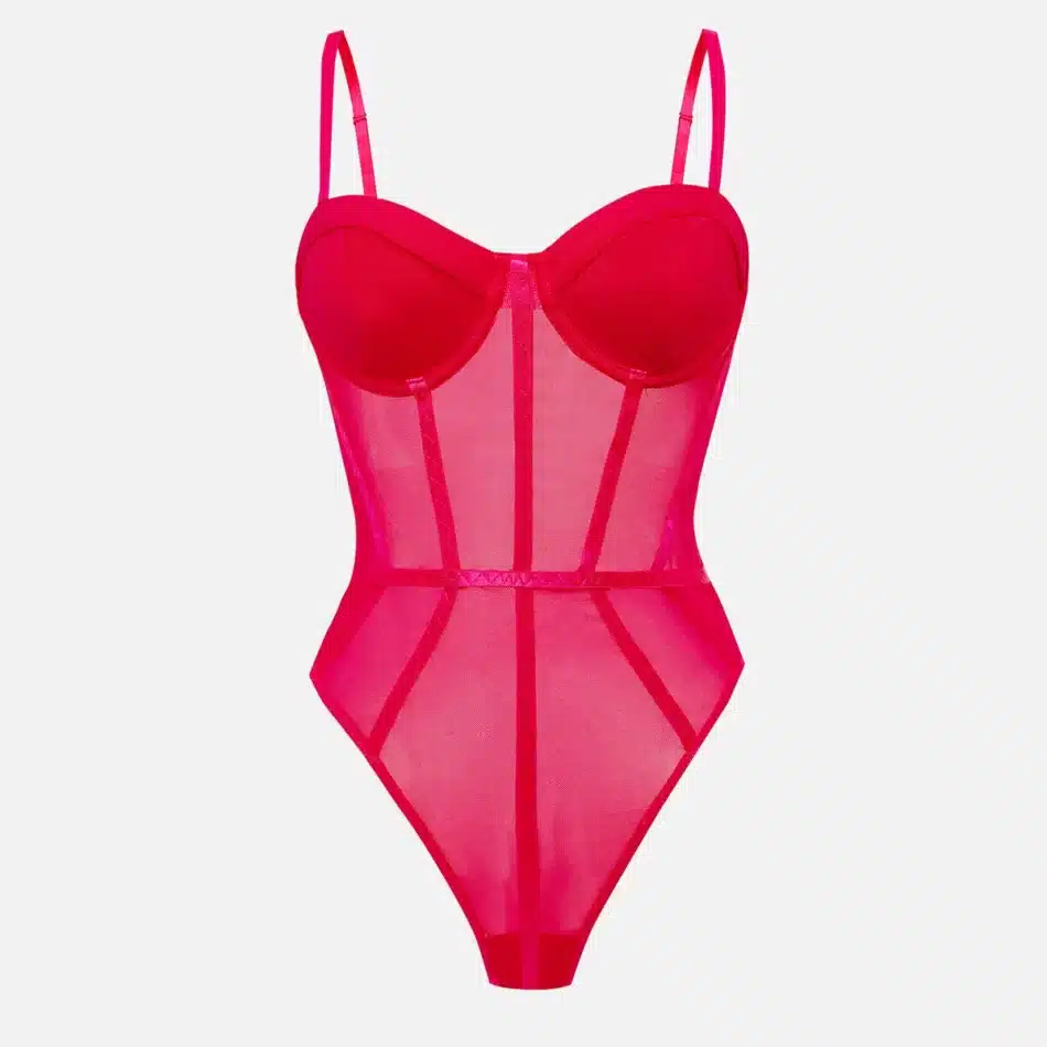 Red Corset Mesh Sheer Bodysuit - Beniz Kloset Online Shop Women Clothing