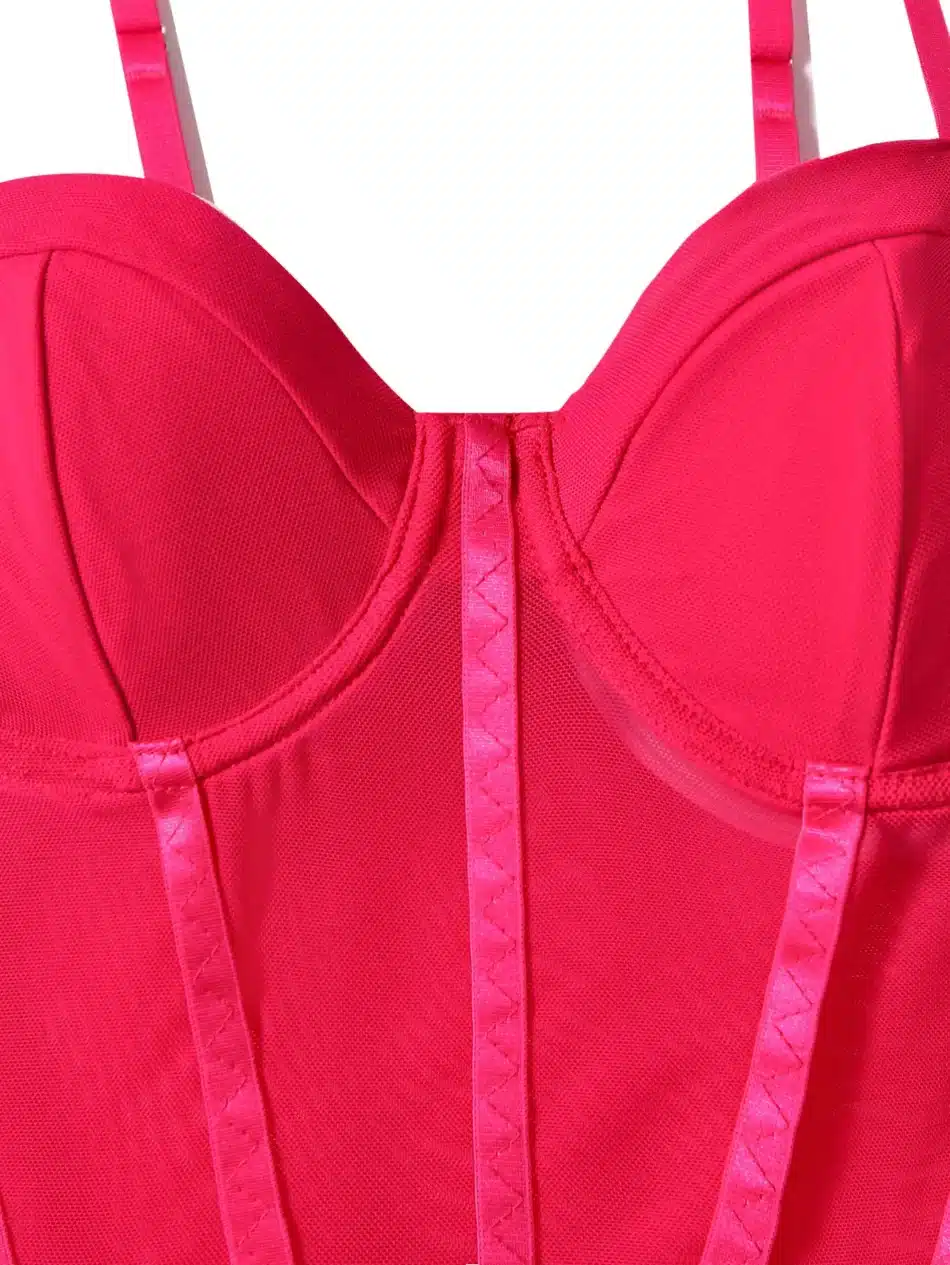 Red Corset Mesh Sheer Bodysuit - Beniz Kloset Online Shop Women Clothing