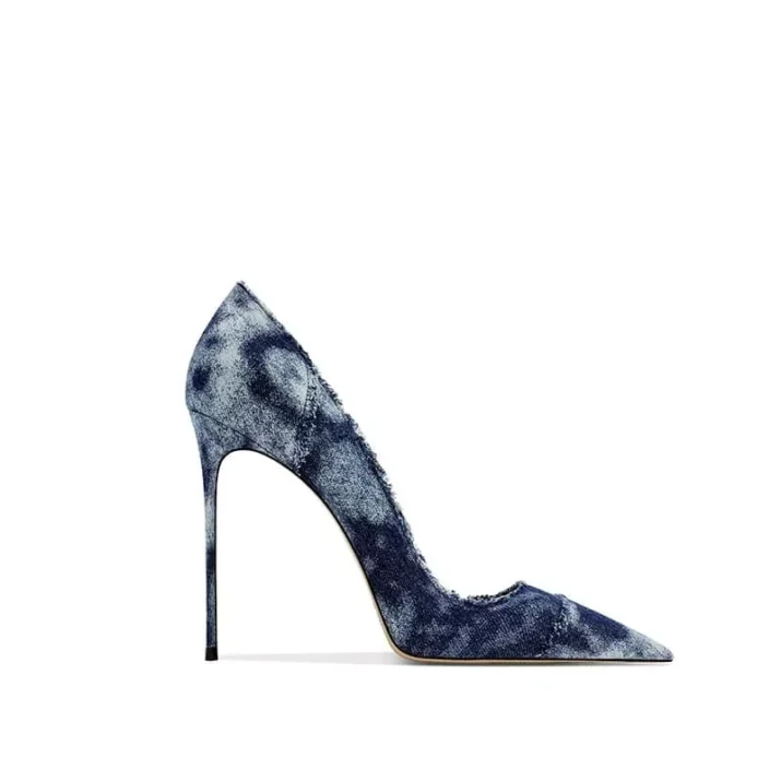 Distressed Denim Stiletto Heels - distressed denim stiletto