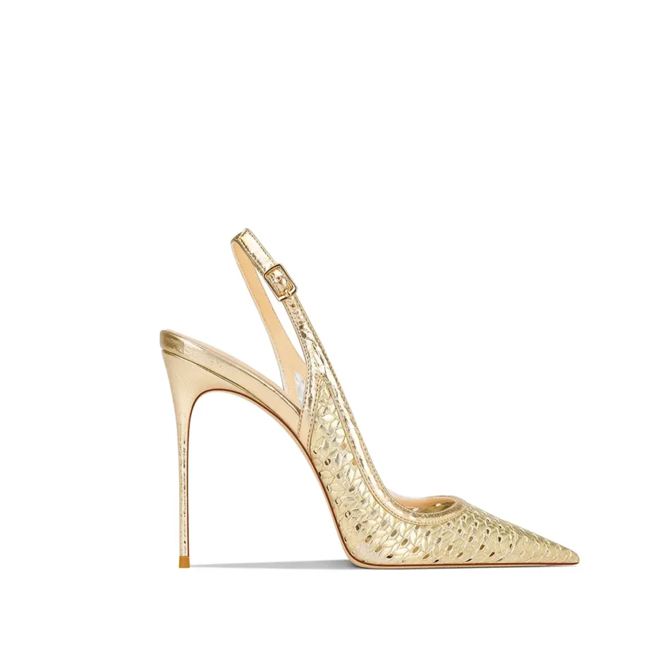 Golden Fishnet Slingback Stiletto Heels - Beniz Kloset