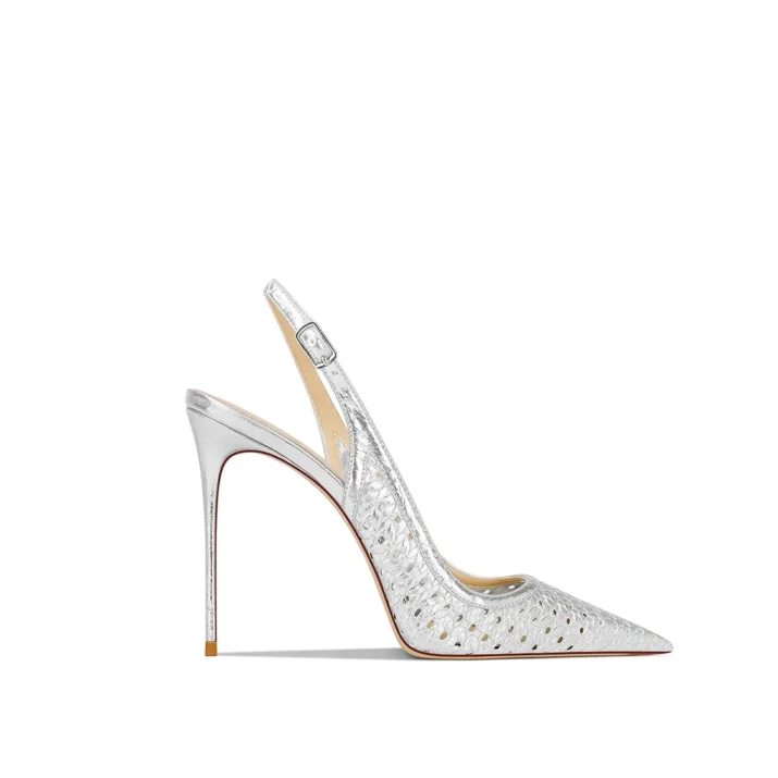 Silver Fishnet Slingback Stiletto Heels - Beniz Kloset