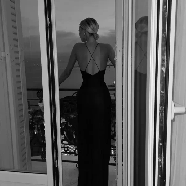Black Deep V-Neck Gown with Floral Detail
