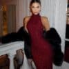 Burgundy Sequin Halter Fishtail Gown