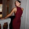 Burgundy Sequin Halter Fishtail Gown