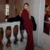 Burgundy Sequin Halter Fishtail Gown