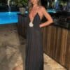 Black Deep V-Neck Gown with Floral Detail